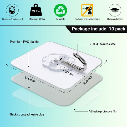 Heavy Duty Adhesive Wall Hooks – 10 Pc Transparent Set