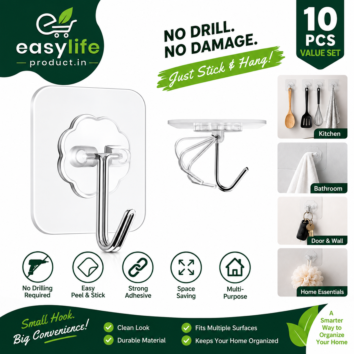 Heavy Duty Adhesive Wall Hooks – 10 Pc Transparent Set