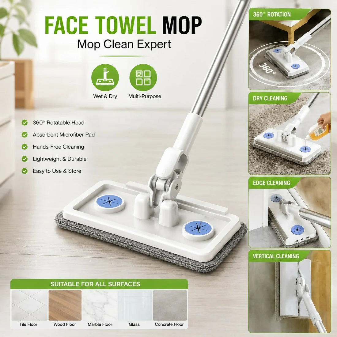 360° Rotating Flat Microfiber Mop for Wet & Dry Floor Cleaning
